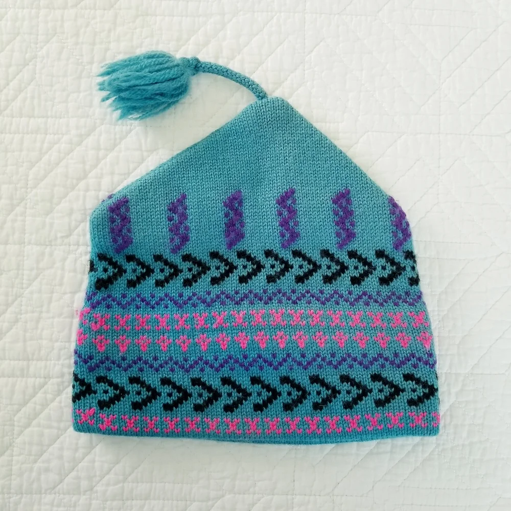 Capello Teal Patterned Wool Ski Winter Hat Made In Canada